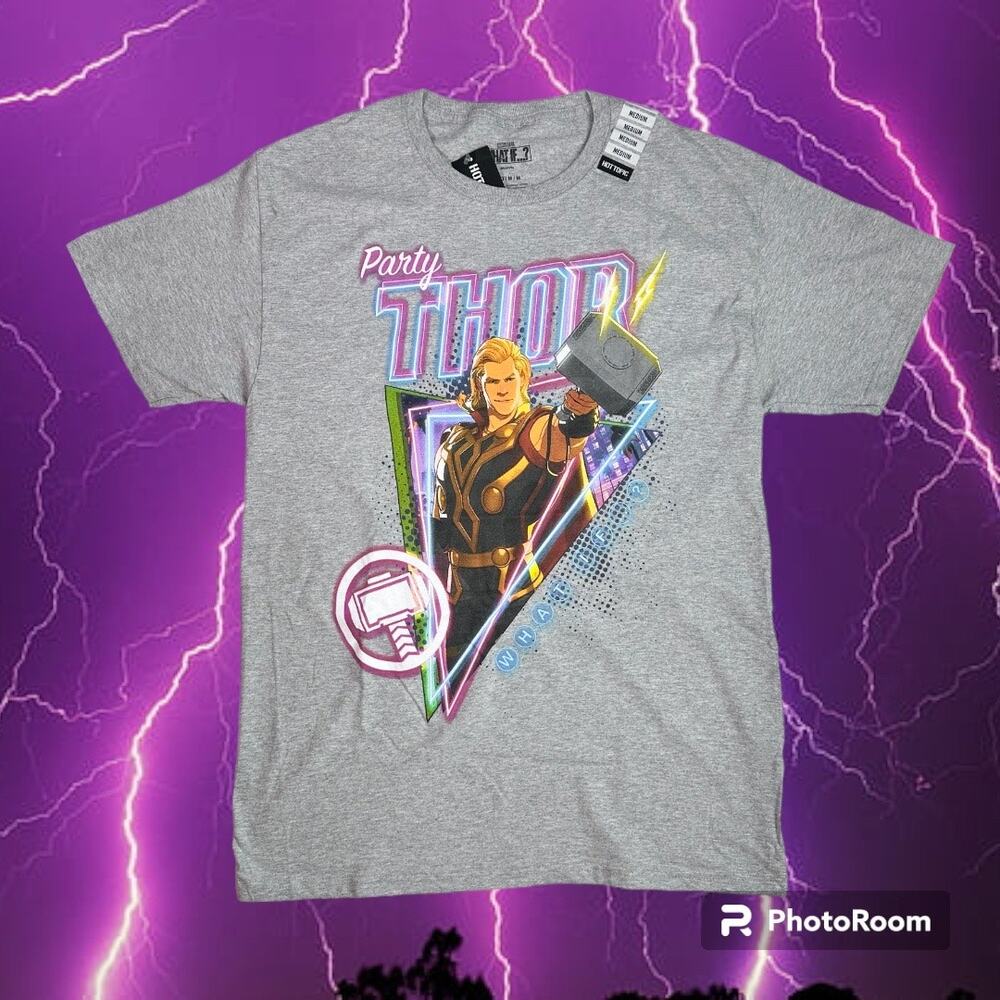 Marvel NWT Adult Medium Gray "What If?" Party Thor Cotton Blend S/S T-Shirt
